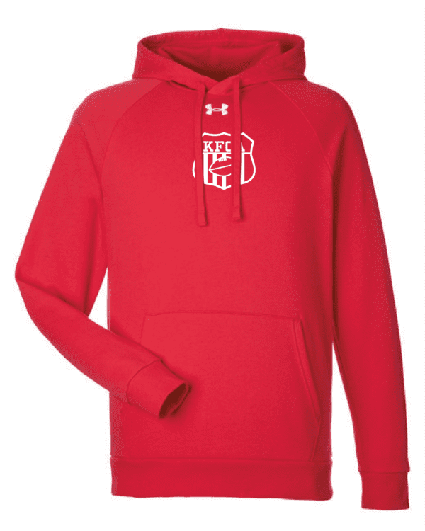 A red hoodie with the logo of a sports team.