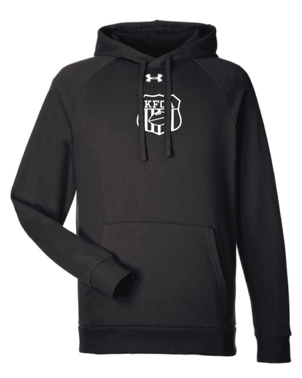 A black hoodie with a white logo on it.