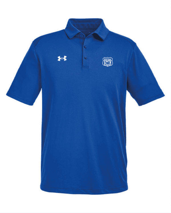 A blue under armour polo shirt with an image of the logo.