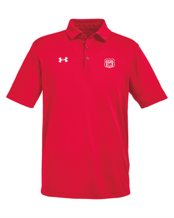 A red under armour polo shirt with the ua logo on it.