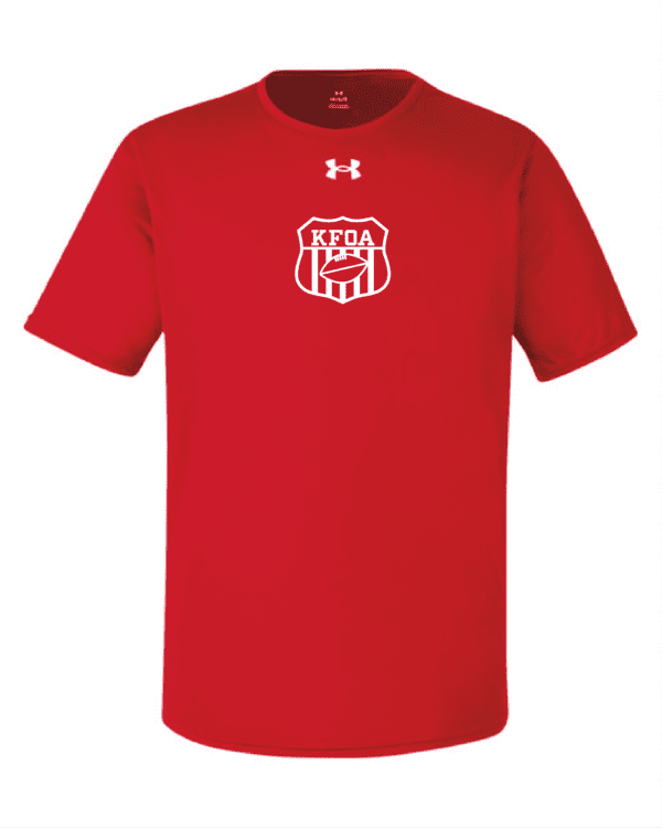 A red under armour shirt with the kappa delta phi crest on it.