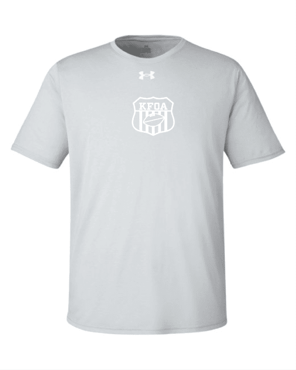 A white t-shirt with an image of a shield.