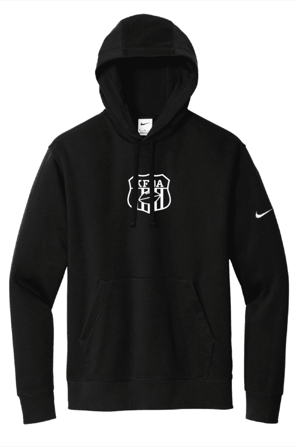 A black nike hooded sweatshirt with an athletic logo.