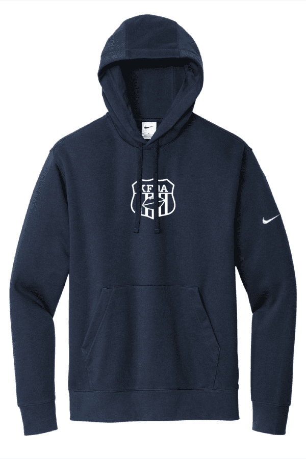 A navy blue nike hooded sweatshirt with the logo of a team.