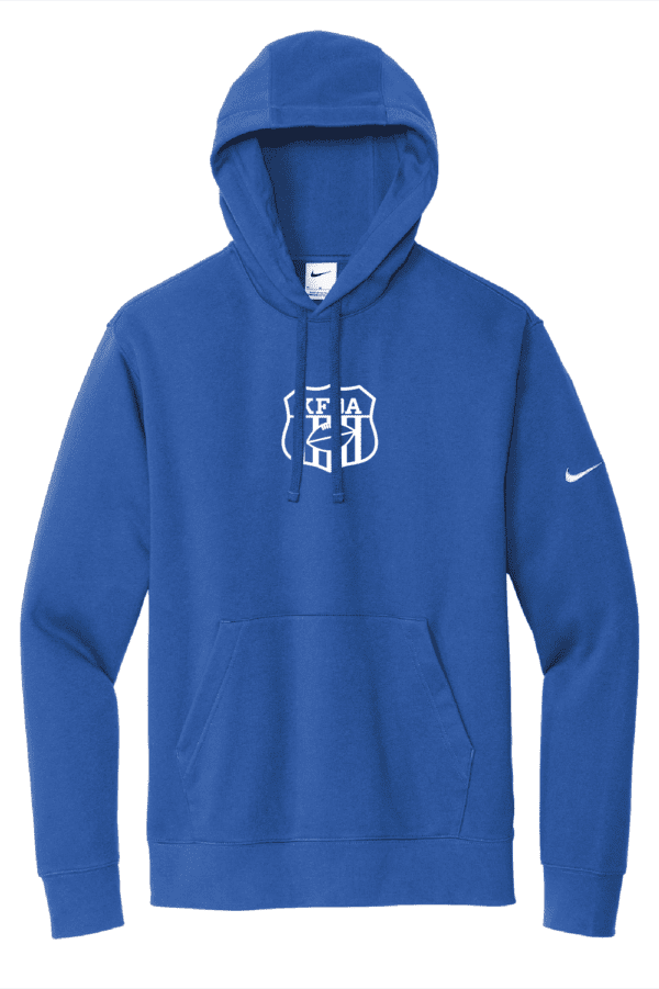 A blue nike hooded sweatshirt with the letters of the word " e ".