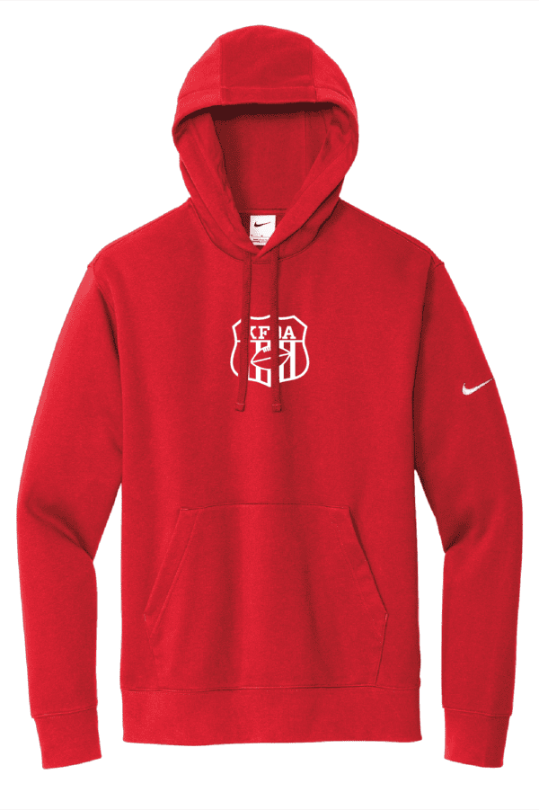 A red nike hooded sweatshirt with the letters hsi on it.