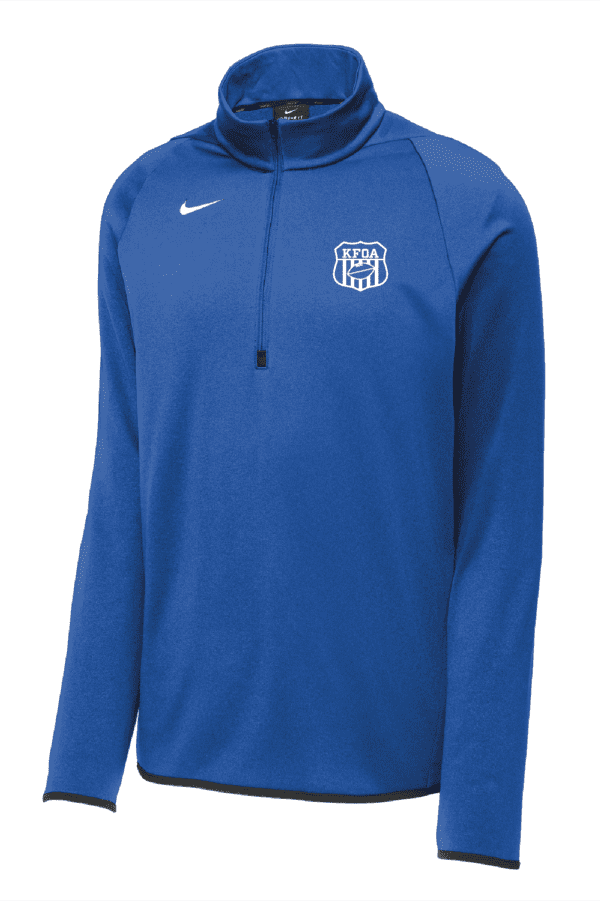 A blue nike long sleeve shirt with the letters phi on it.