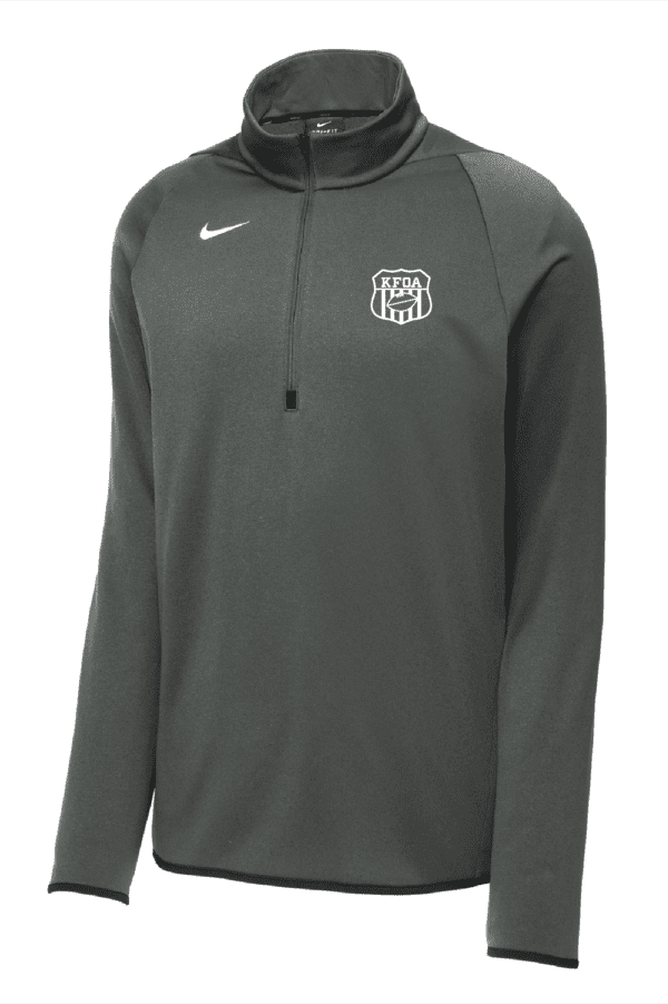 A gray nike jacket with the logo of the university.