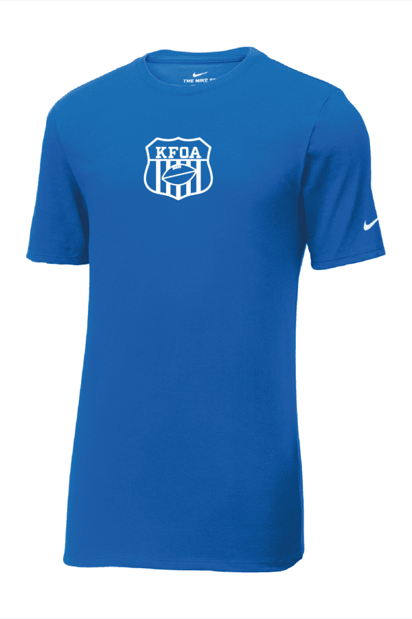 A blue nike shirt with the keda logo on it.