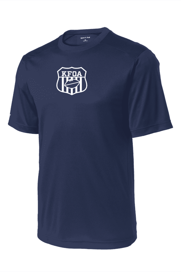 A navy blue t-shirt with the keda shield logo on it.