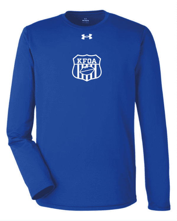 A blue long sleeve shirt with the words " ktra " on it.