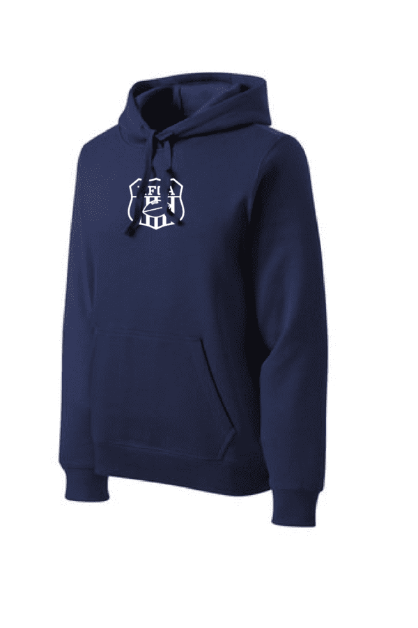 A navy blue hoodie with the name of a person in white lettering.