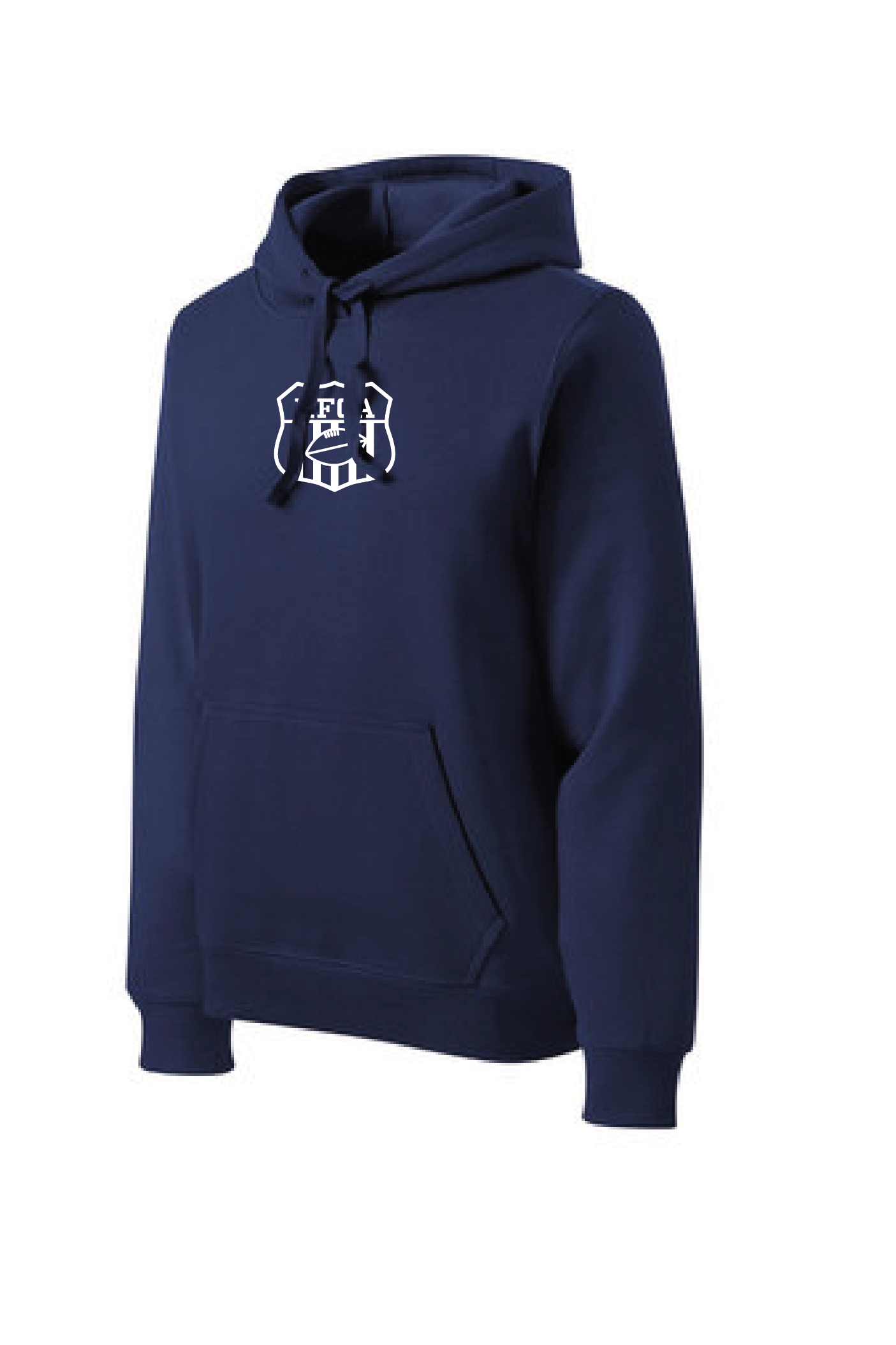 A navy blue hoodie with the name of a person in white lettering.