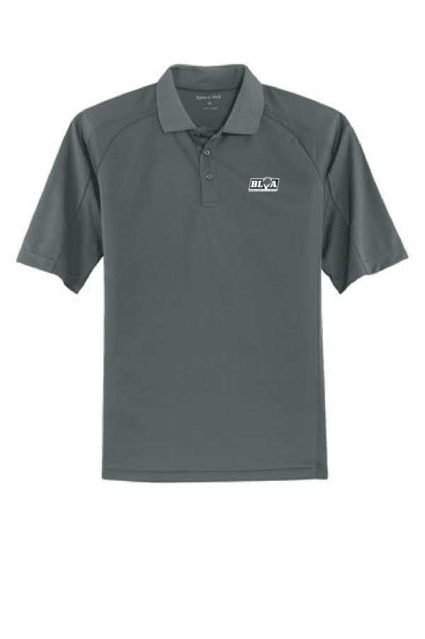 A gray polo shirt with the words " kck " on it.