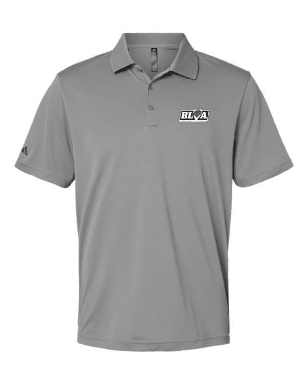 A gray polo shirt with the words " m 2 p " on it.