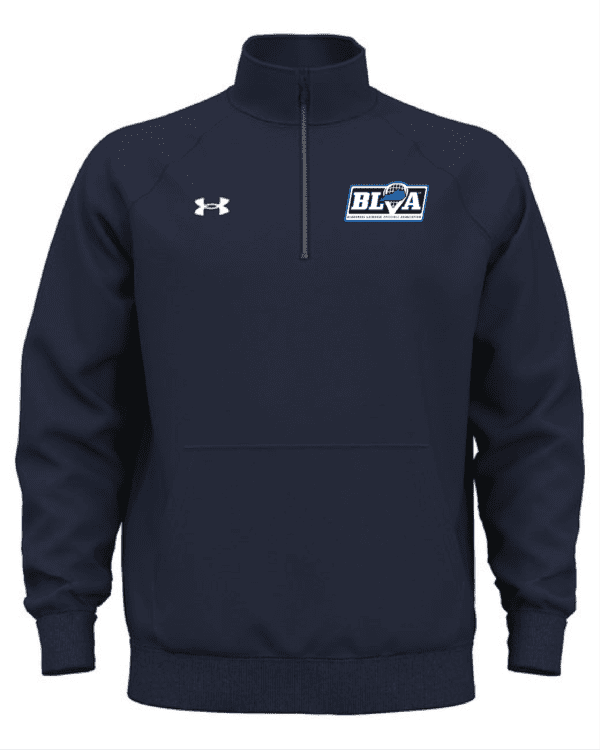 A navy blue under armour jacket with the ua logo on it.