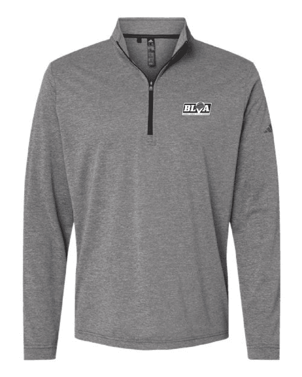 A gray quarter zip shirt with the words " ua " on it.