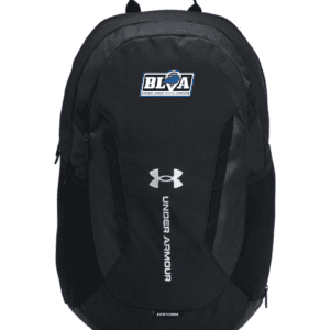 A black backpack with the words " blsa " on it.