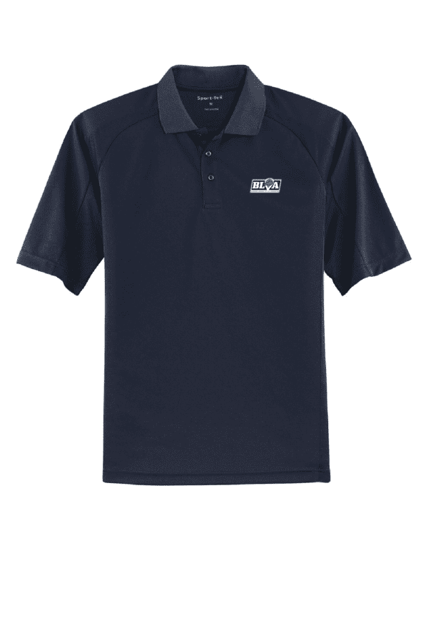 A navy blue polo shirt with the words " mack ".