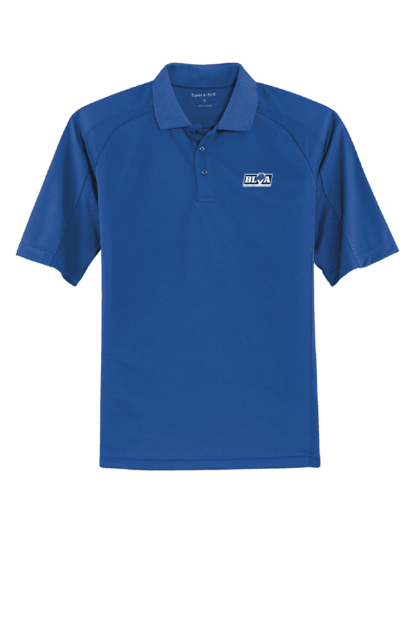 A blue polo shirt with the words " nca " on it.