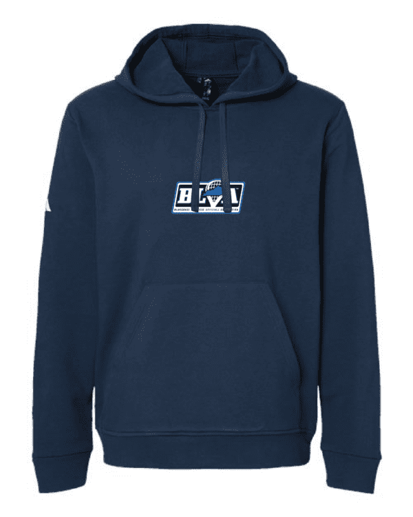 A navy blue hoodie with an image of a person in the middle.