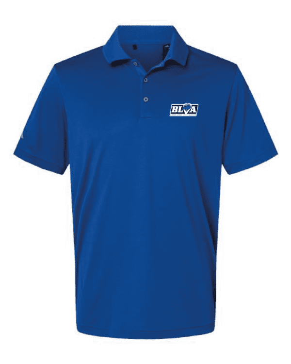 A blue polo shirt with an embroidered logo.