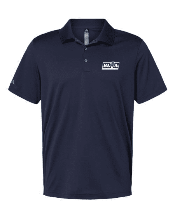 A navy blue polo shirt with an embroidered logo.