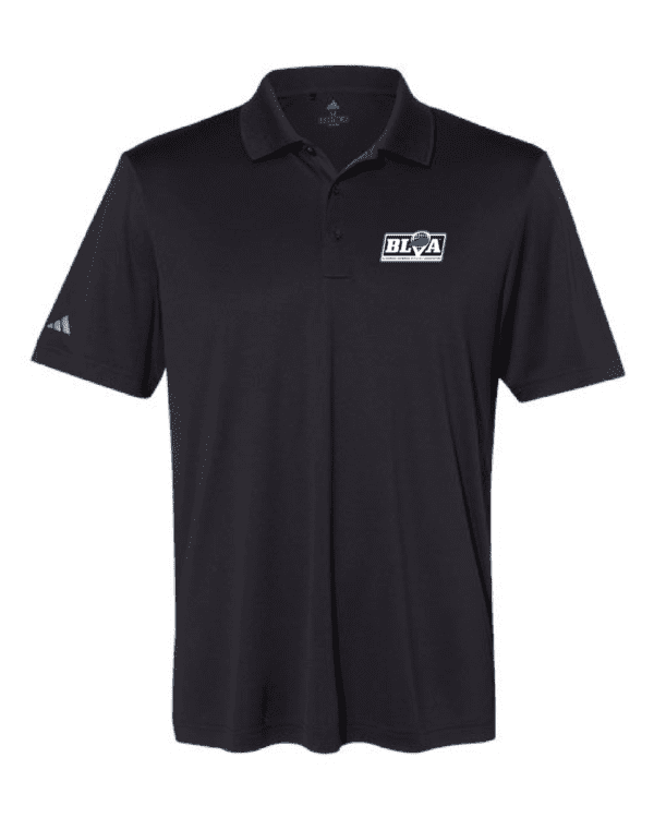 A black polo shirt with an image of a car on it.