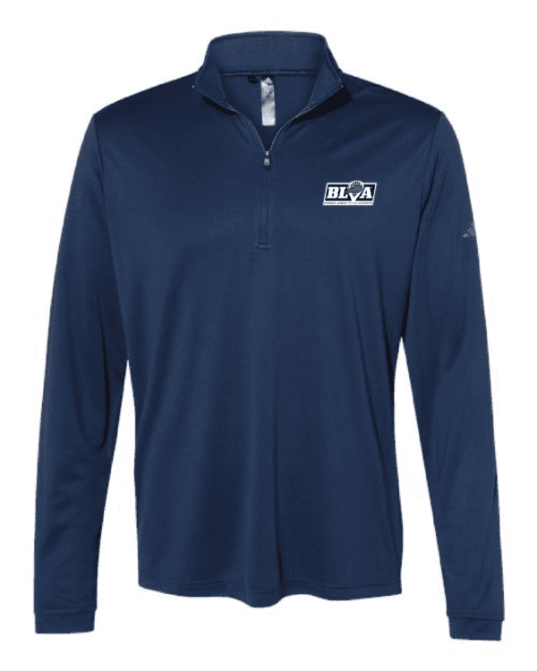 A navy blue long sleeve shirt with a white logo.