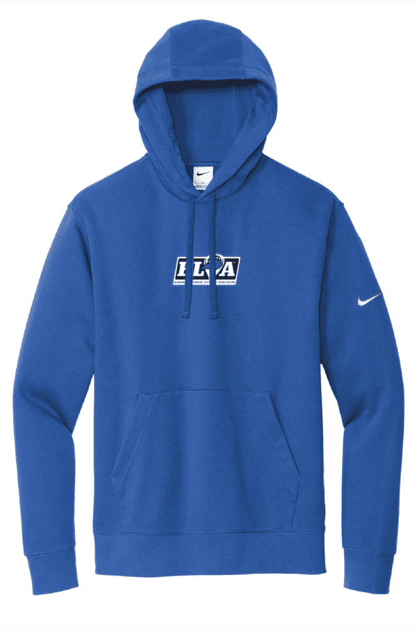 A blue nike sweatshirt with the word " lca " on it.