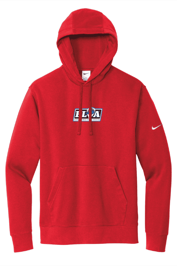 A red nike sweatshirt with the word " nike " on it.