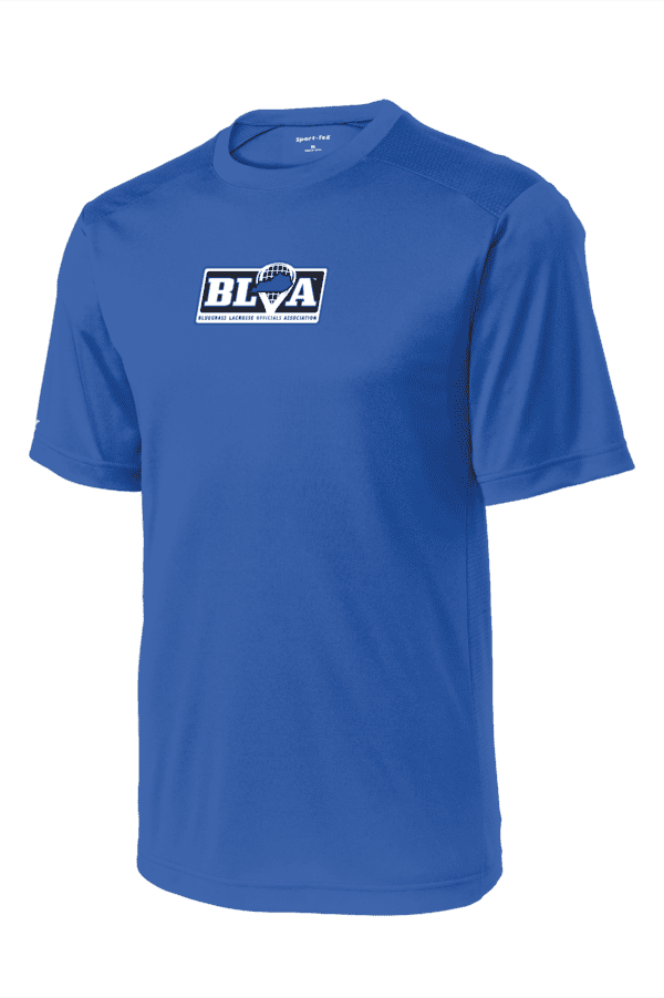 A blue shirt with the blaza logo on it.