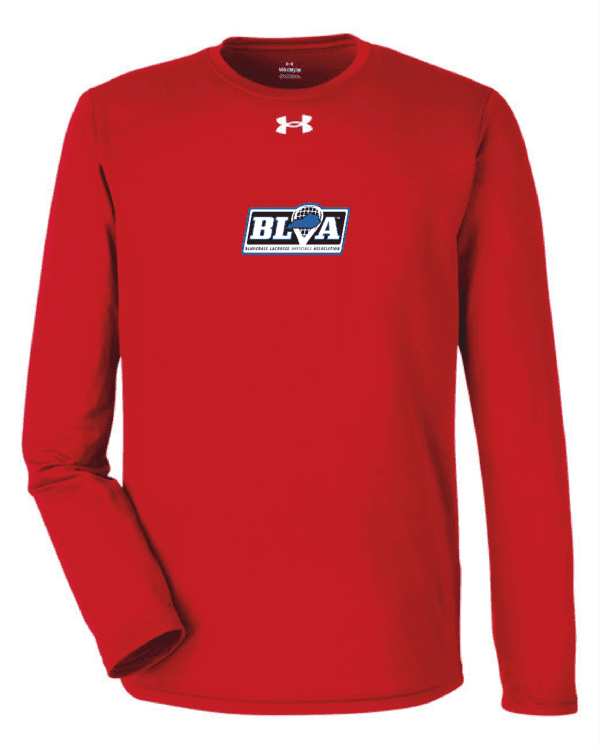 A red long sleeve shirt with the blaza logo on it.