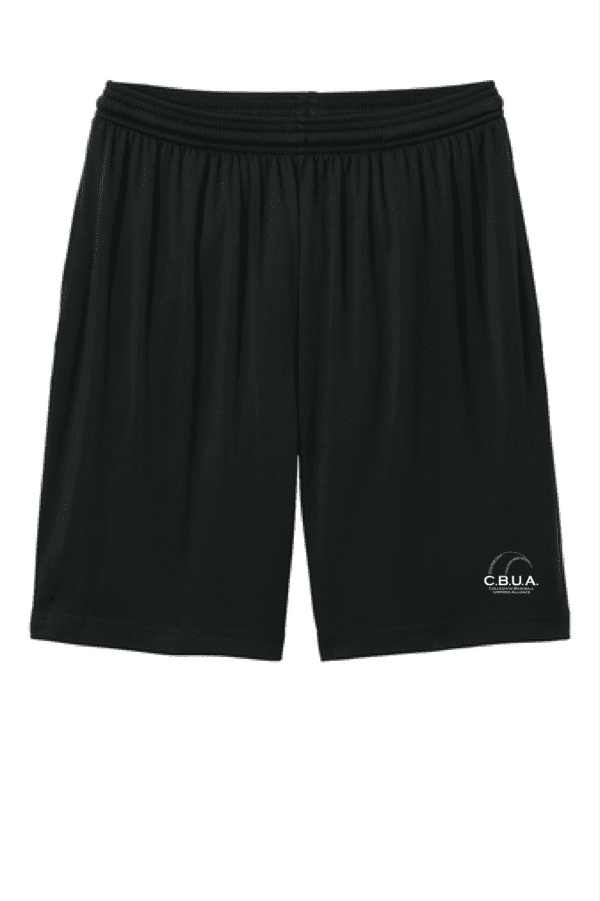 A black shorts with a white logo on it