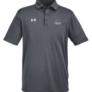 A gray polo shirt with an under armour logo on the front.