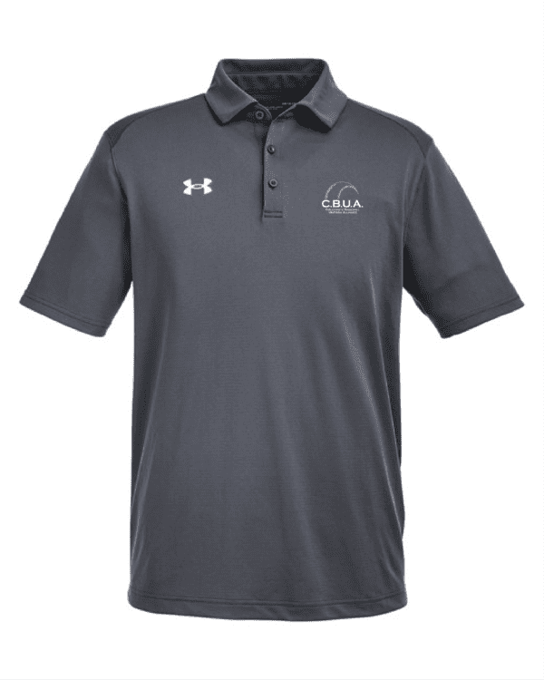 A gray polo shirt with an under armour logo on the front.