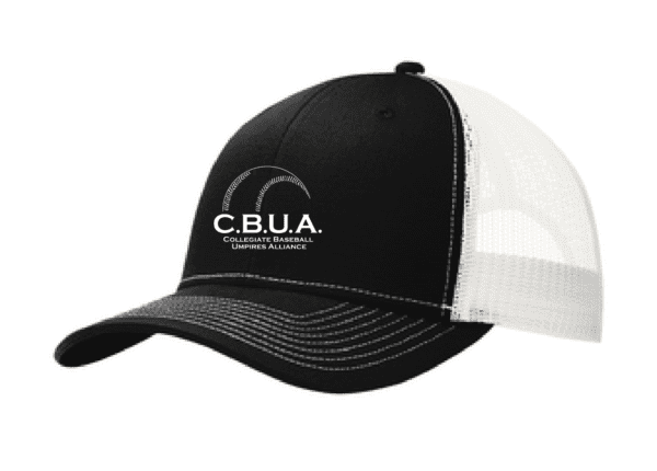 A black and white hat with the letters c. B. U. A. On it