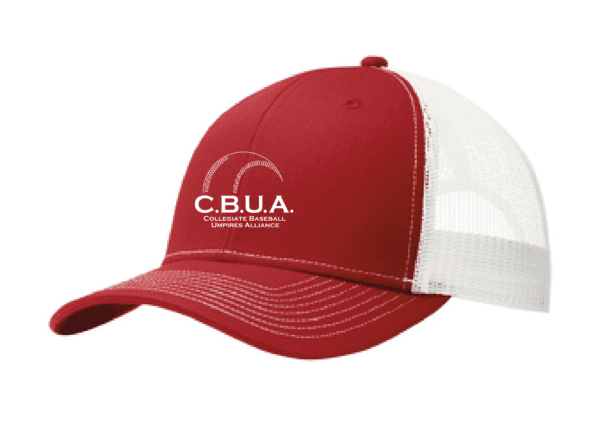 A red and white hat with the letters c. B. U. A. On it