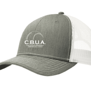 A gray and white hat with the letters c. B. U. A. On it