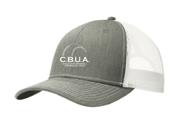 A gray and white hat with the letters c. B. U. A. On it