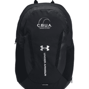 A black backpack with the words " cbua " on it.