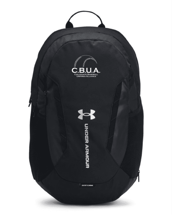 A black backpack with the words " cbua " on it.