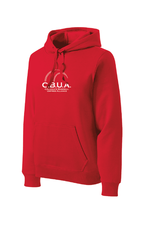 A red hooded sweatshirt with the name of cain on it.