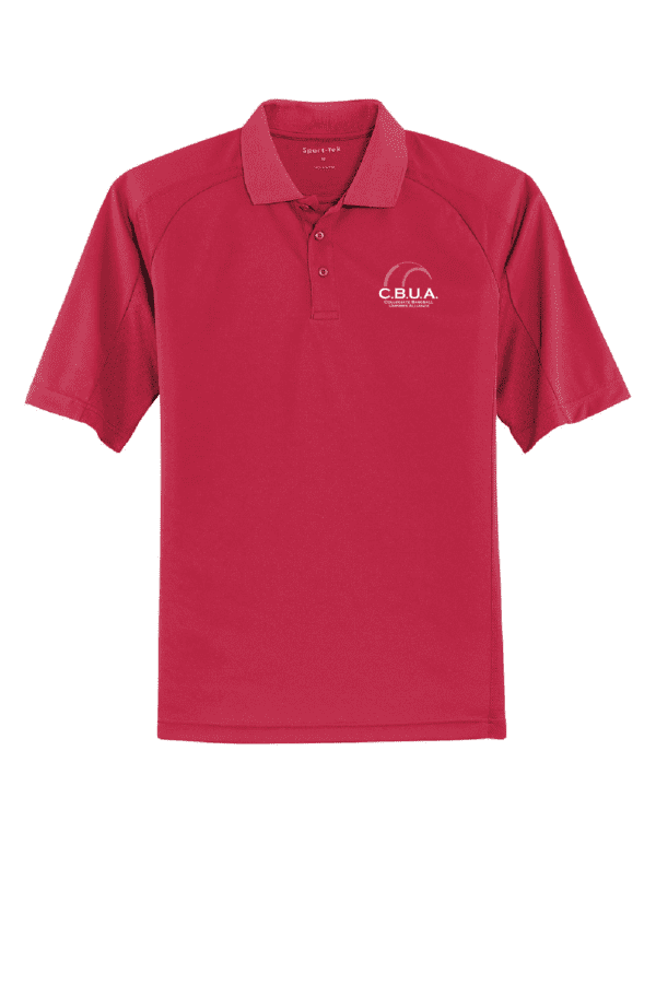 A red polo shirt with the logo of cnia.