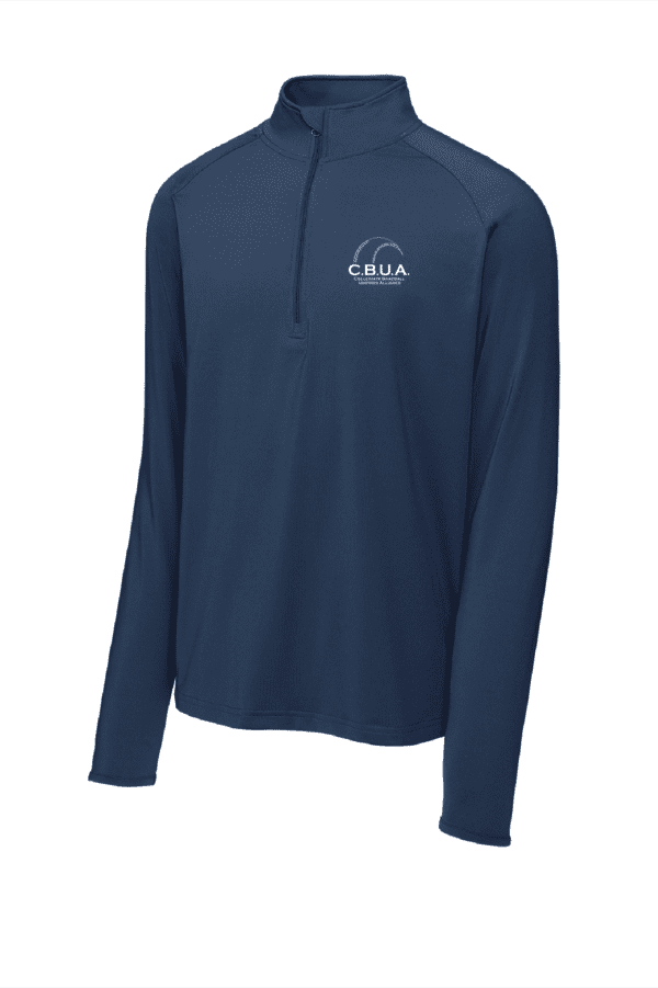 A navy blue long sleeve shirt with a white logo.