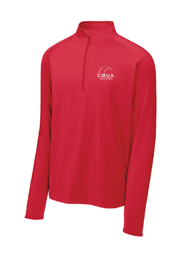 A red long sleeve shirt with a white logo.