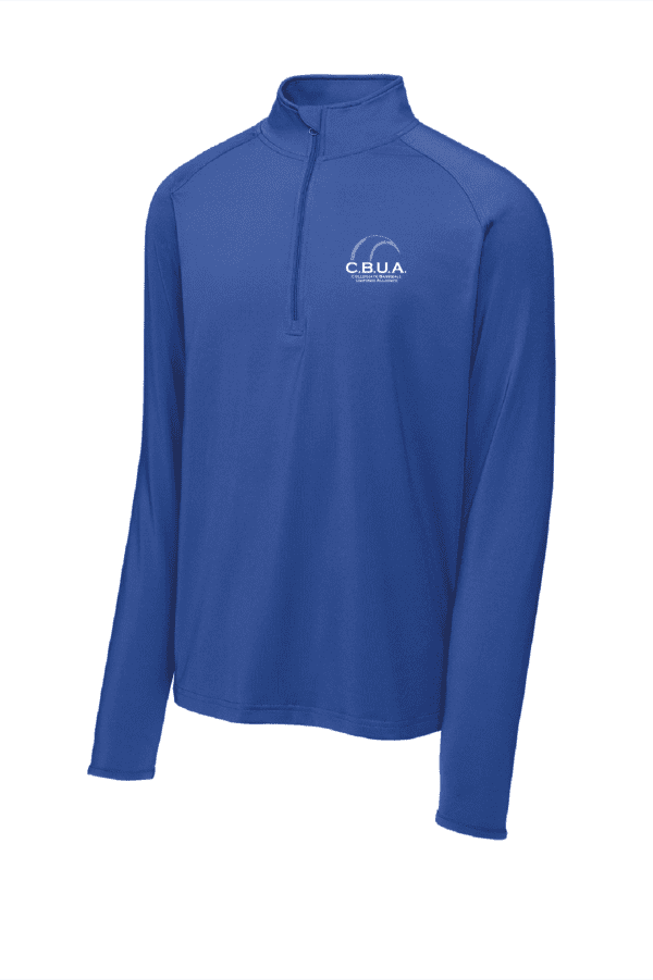 A blue long sleeve shirt with a white logo.