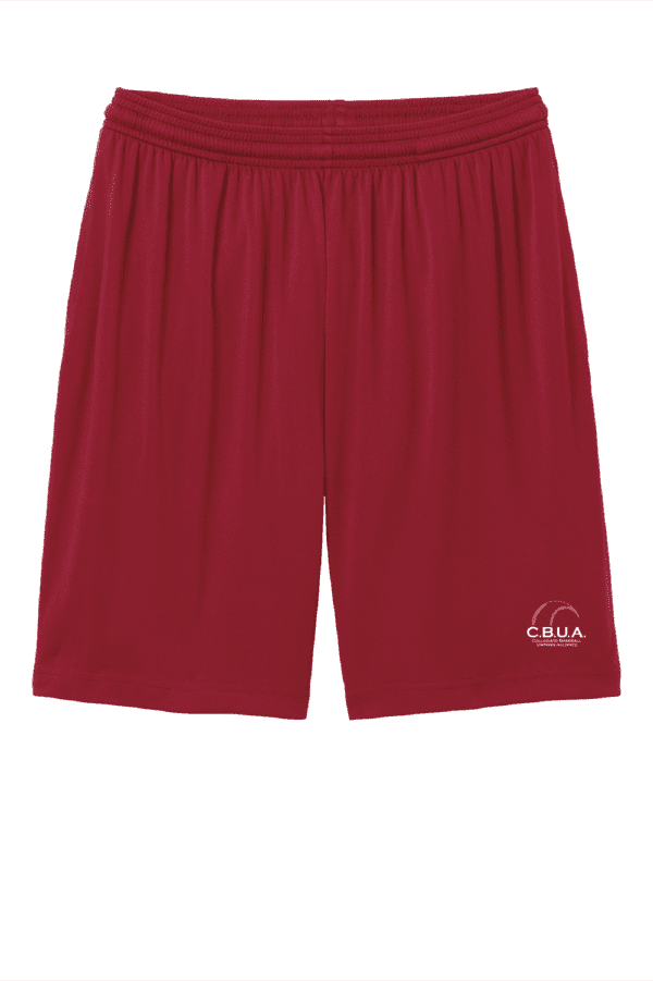 A red shorts with white lettering on it.