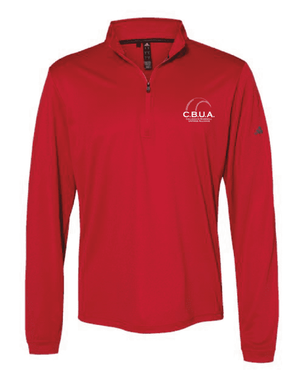 A red long sleeve shirt with a logo on it.