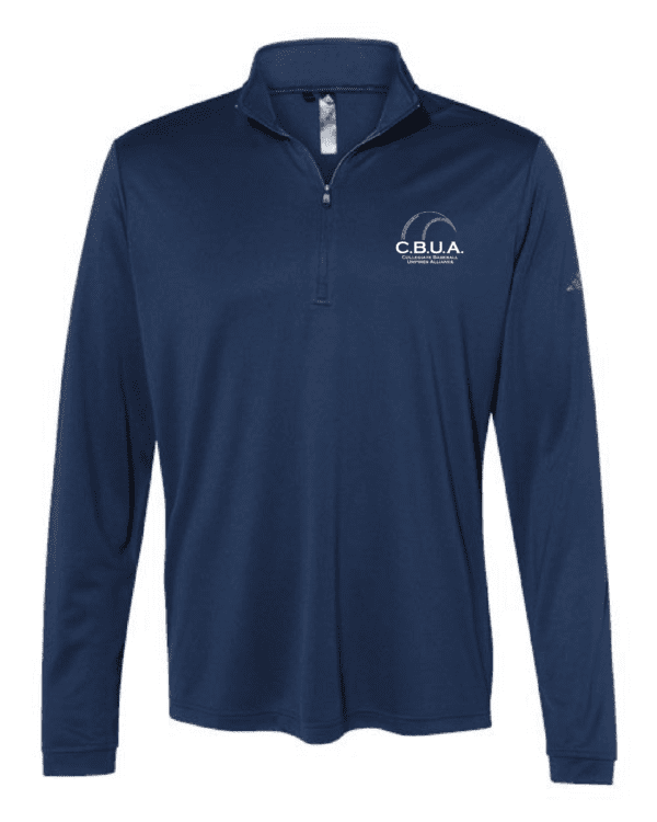 A navy blue long sleeve shirt with a logo on the front.